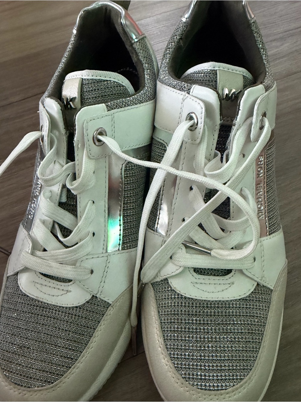 Michael Kors White & Silver Metallic Knit Lace-Up Sneakers in Size 6.5